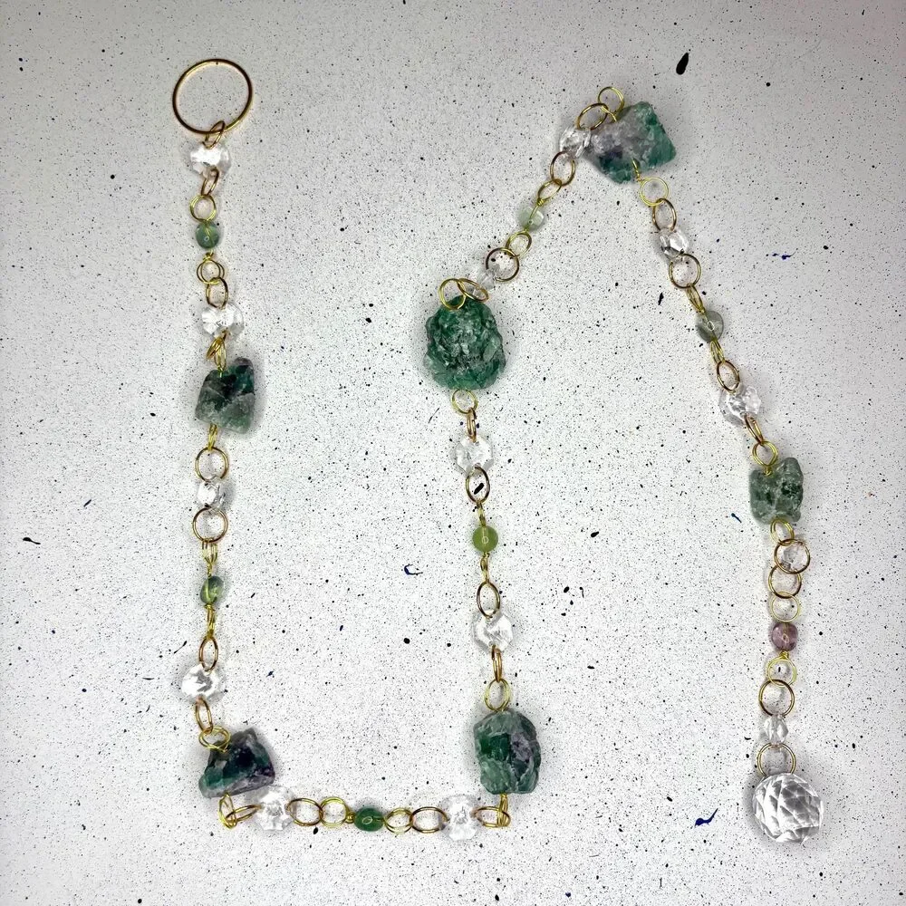 Raw Fluorite and Fluorite Bead Gemstone Wall Hanging